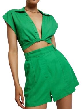 MESHKI Green Linen Blend 2pc Set Cropped Collar Top XS High Waist Shorts S
